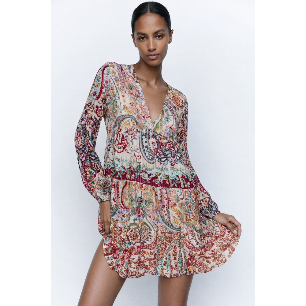 ZARA Tiered Paisley Vibrant Metallic Boho Tread Dress Medium
